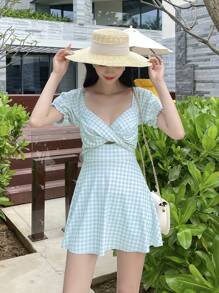 DAZY Gingham Puff Sleeve One Piece Swimsuit - Blue and White - View 1