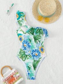 熱帶圖案荷葉邊單肩連體泳衣 - 彩色 - 查看 2