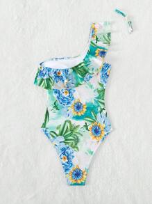 熱帶圖案荷葉邊單肩連體泳衣 - 彩色 - 查看 4