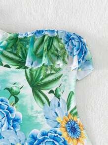 熱帶圖案荷葉邊單肩連體泳衣 - 彩色 - 查看 5