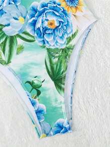 熱帶圖案荷葉邊單肩連體泳衣 - 彩色 - 查看 6