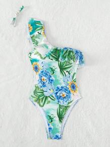 熱帶圖案荷葉邊單肩連體泳衣 - 彩色 - 查看 7