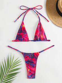 Swim SXY Summer Beach Tie Dye Print Halter Triangle Thong Bikini Set - Multicolor - View 7