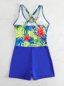 SHEIN Swim Tropical Print Contrast Mesh One Piece Swimsuit,Summer Beach - Royal Blue - View 5