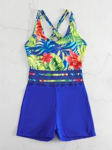 SHEIN Swim Tropical Print Contrast Mesh One Piece Swimsuit,Summer Beach - Royal Blue - View 6