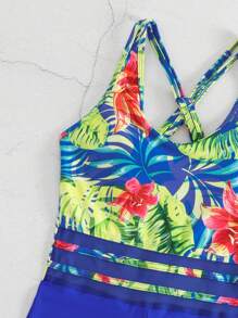 SHEIN Swim Tropical Print Contrast Mesh One Piece Swimsuit,Summer Beach - Royal Blue - View 7