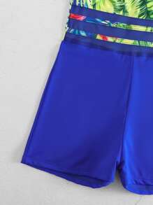 SHEIN Swim Tropical Print Contrast Mesh One Piece Swimsuit,Summer Beach - Royal Blue - View 8