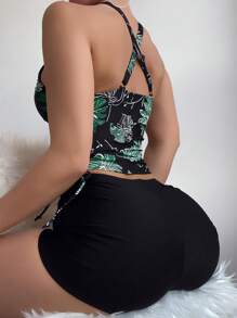 SHEIN Swim Tropical Print Drawstring Side Tankini,Summer Beach - Black - View 2