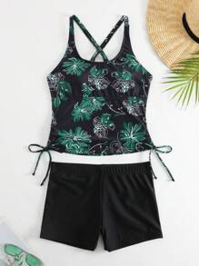 SHEIN Swim Tropical Print Drawstring Side Tankini,Summer Beach - Black - View 5