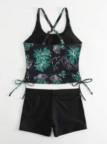 SHEIN Swim Tropical Print Drawstring Side Tankini,Summer Beach - Black - View 6