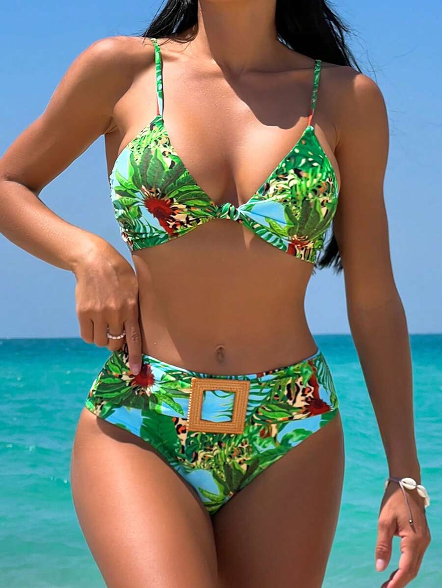 Summer Tropical Print Buckle Detail Bikini Set - Multicolor - View 1