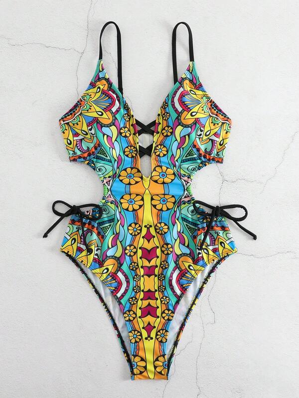 Allover Print Cut Out Tie Side One Piece Swimsuit SHEIN USA