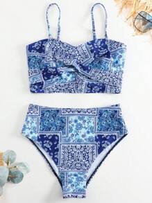 Patchwork Print Twist Front High Waisted Bikini Set - Blue - View 8