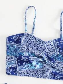 Patchwork Print Twist Front High Waisted Bikini Set - Blue - View 3