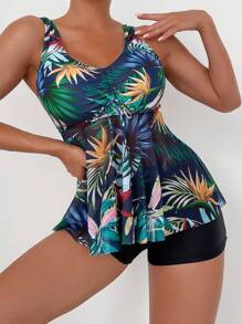 热带印花短裤比基尼夏日海滩 - 黑色 - 查看 1