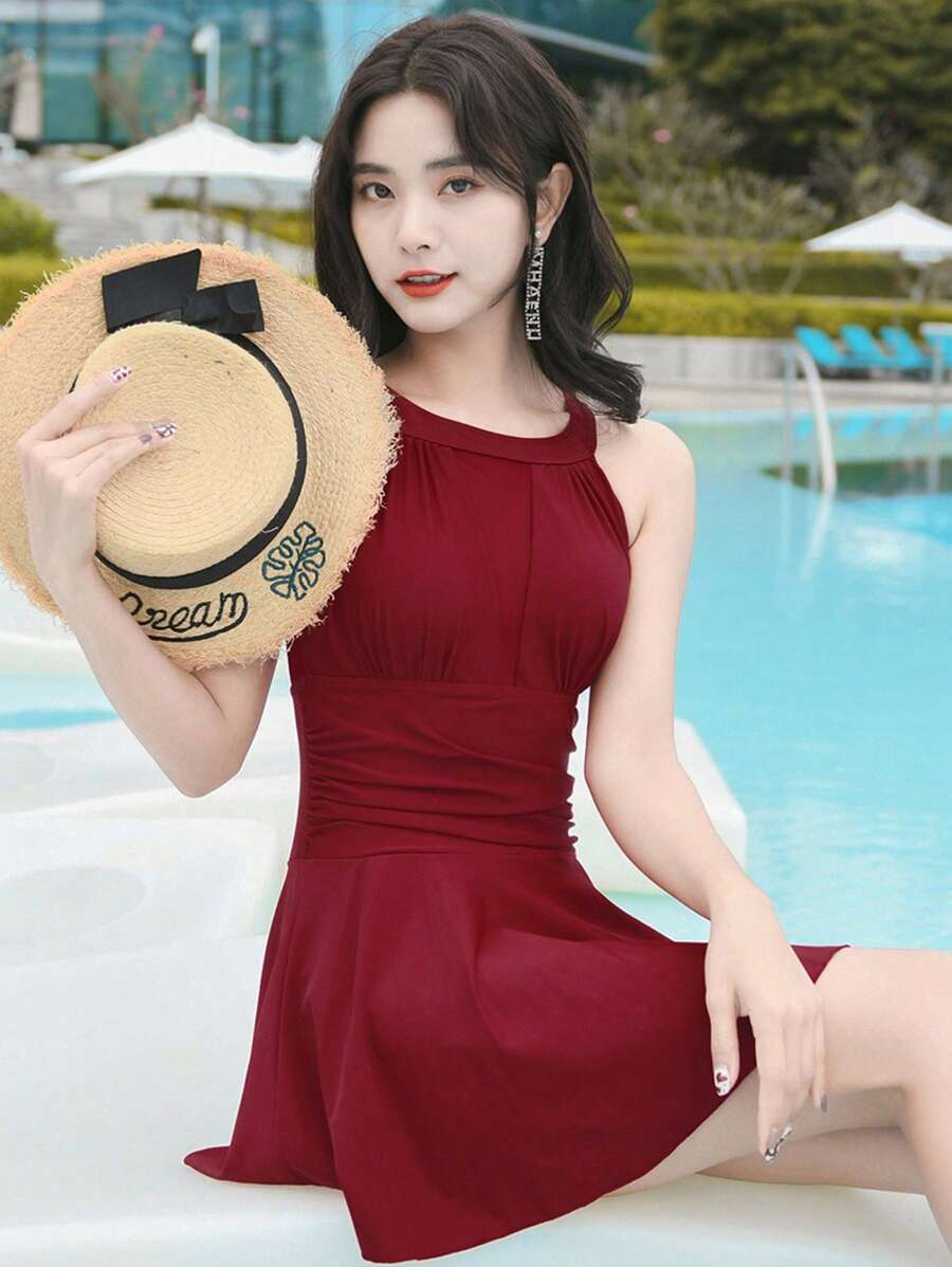 Solid Ruched Waist One Piece Swimsuit - Burgundy - View 1