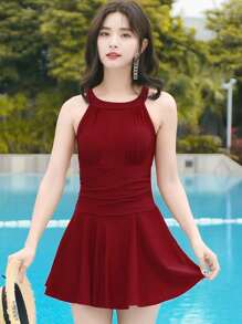 Solid Ruched Waist One Piece Swimsuit - Burgundy - View 3