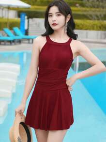 Solid Ruched Waist One Piece Swimsuit - Burgundy - View 4