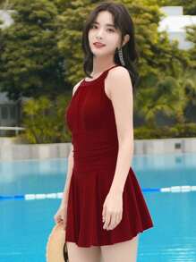 Solid Ruched Waist One Piece Swimsuit - Burgundy - View 5