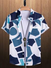 Manfinity Homme 男士幾何印花襯衫不帶T恤 - 藍白色 - 查看 3