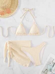 SHEIN Swim Plain Halter Triangle Bikini Set With Beach Skirt,Summer Beach