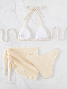 SHEIN Swim Plain Halter Triangle Bikini Set With Beach Skirt,Summer Beach