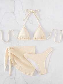 SHEIN Swim Plain Halter Triangle Bikini Set With Beach Skirt,Summer Beach