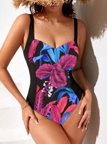 Swim DD+ Tropical Print Push Up One Piece Swimsuit - Hot Pink - View 1