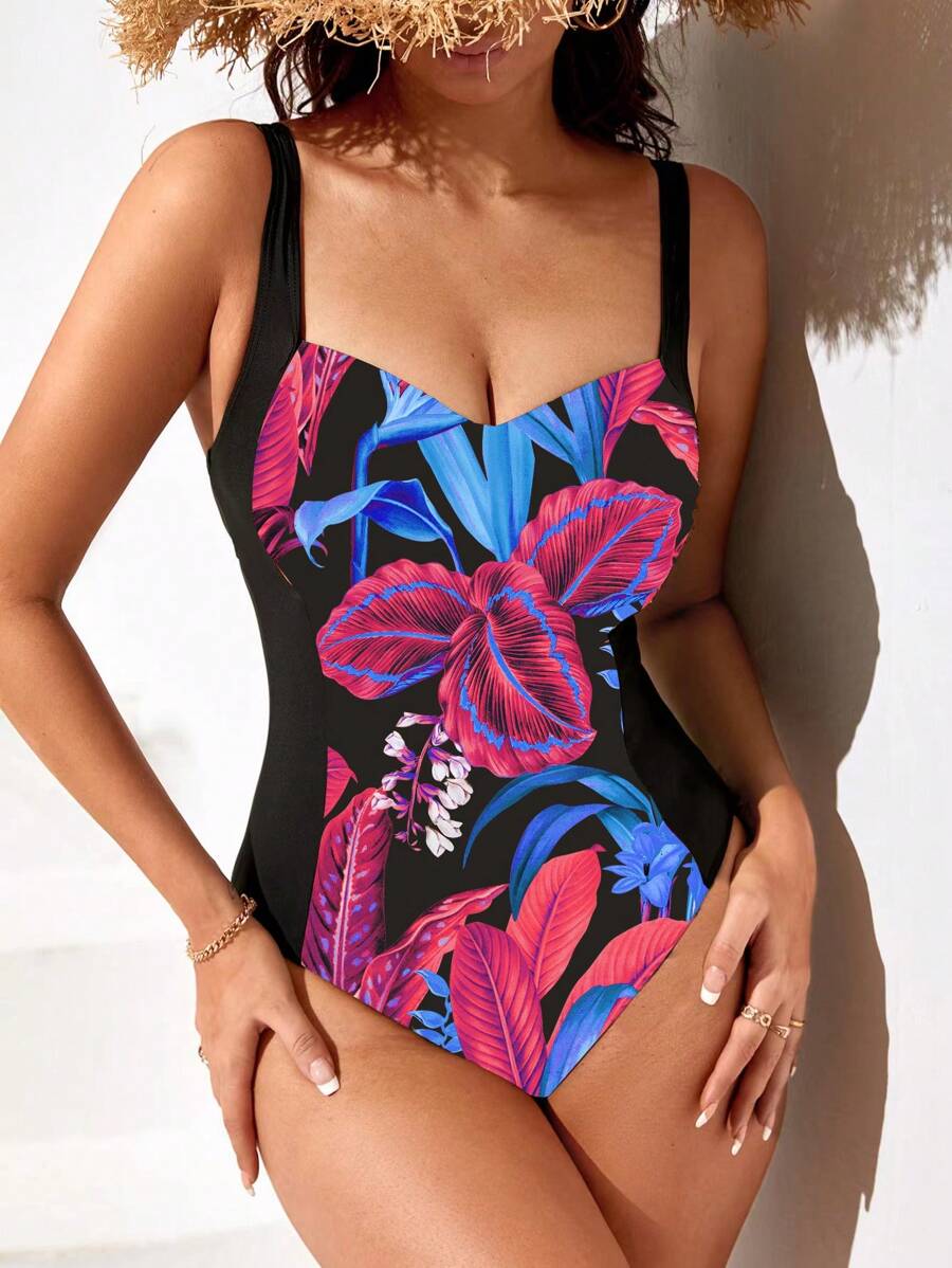 Swim DD+ Tropical Print Push Up One Piece Swimsuit - Hot Pink - View 1
