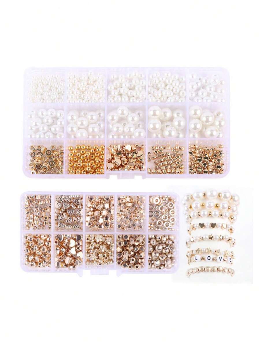 1套鐵合金DIY珠子、現代心形和人造珍珠設計珠子用於DIY珠寶製作 - 金色 - 查看 1