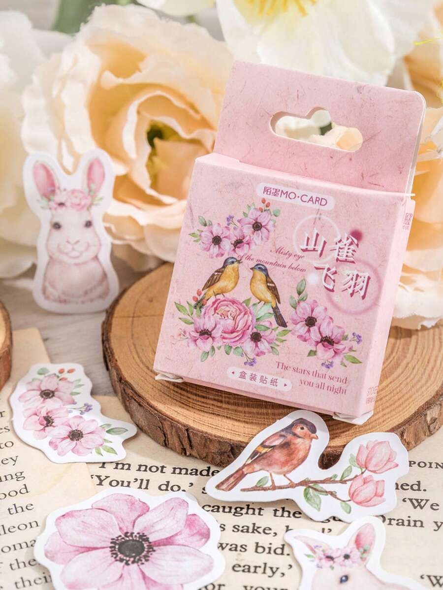 MOCARD 46入組花卉和動物圖案什錦貼紙創意多用途貼紙適用於DIY工藝品、裝飾品、手帳 - 粉色 - 查看 1