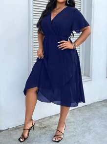 SHEIN Clasi Đầm Plus Size Trọn gói màu trơn Thanh lịch - Màu xanh hải quân - Xem 1