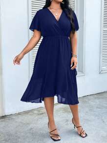 SHEIN Clasi Đầm Plus Size Trọn gói màu trơn Thanh lịch - Màu xanh hải quân - Xem 3