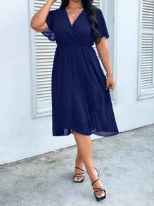 SHEIN Clasi Đầm Plus Size Trọn gói màu trơn Thanh lịch - Màu xanh hải quân - Xem 5