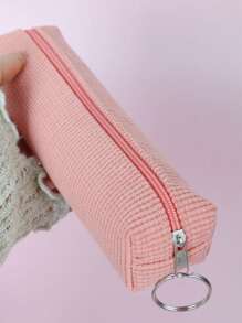 1入組素色紋理質感文具簡約風便攜筆包適用於學生文具收納 - 橘色 - 查看 3