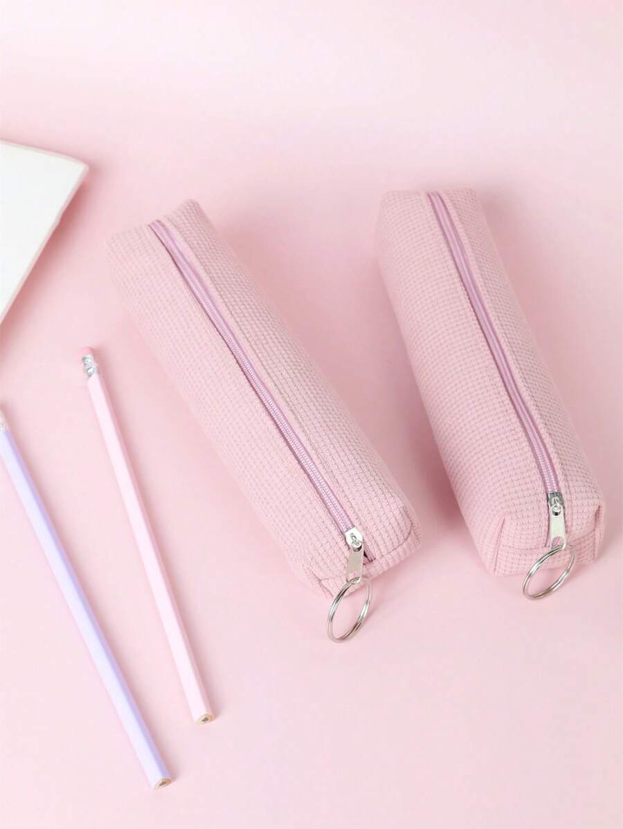 Estojo escolar texturizado de cor sólida (1 unidade), estojo simples e portátil para canetas, organizador de material escolar para estudantes, ideal para a volta às aulas. - Rosa Empoeirado - Ver 1