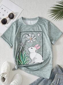 Girls Rabbit Print Tee - Green - View 1