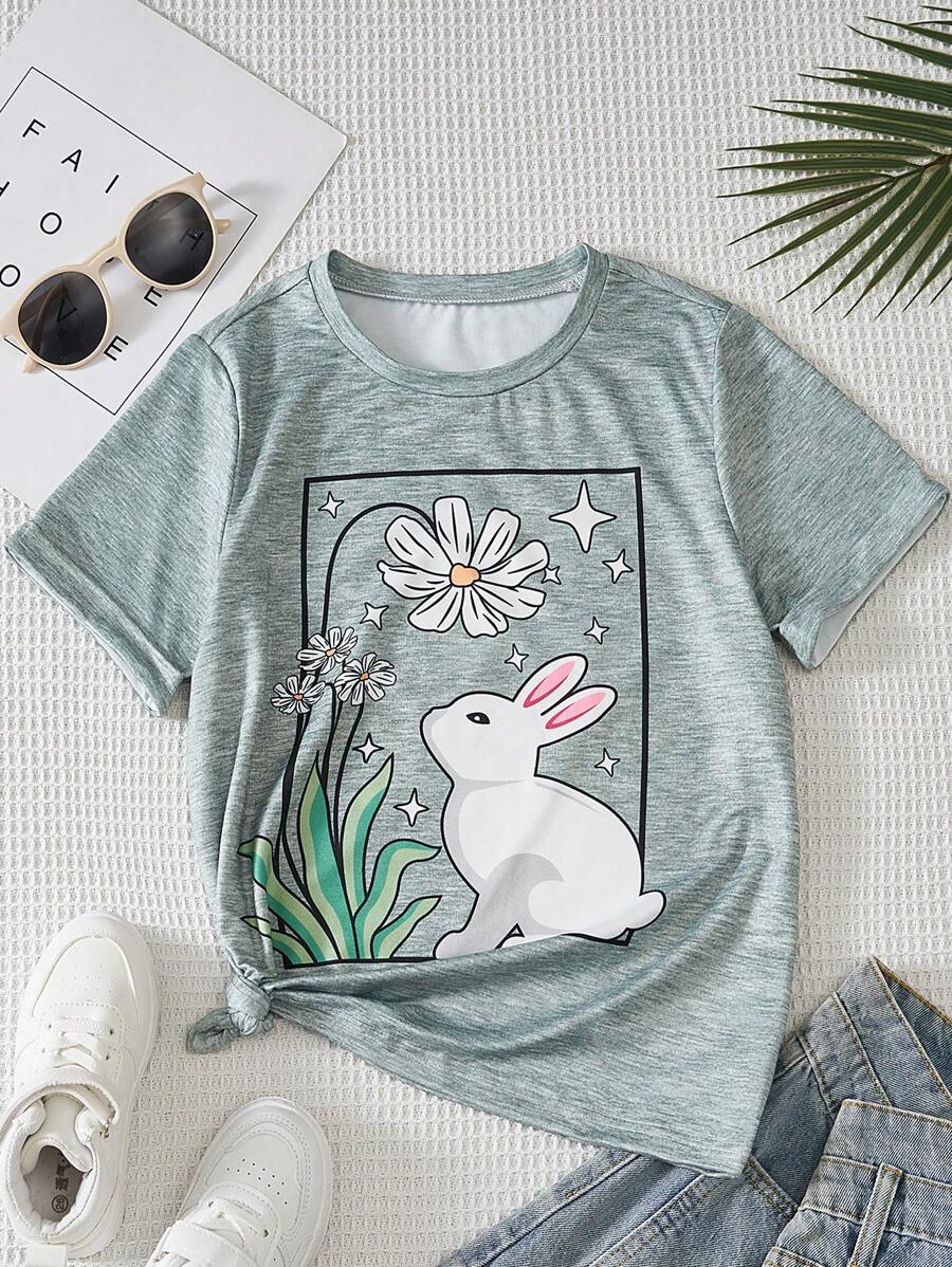 Girls Rabbit Print Tee - Green - View 1