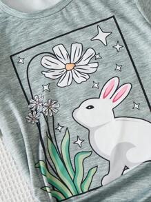 Girls Rabbit Print Tee - Green - View 3