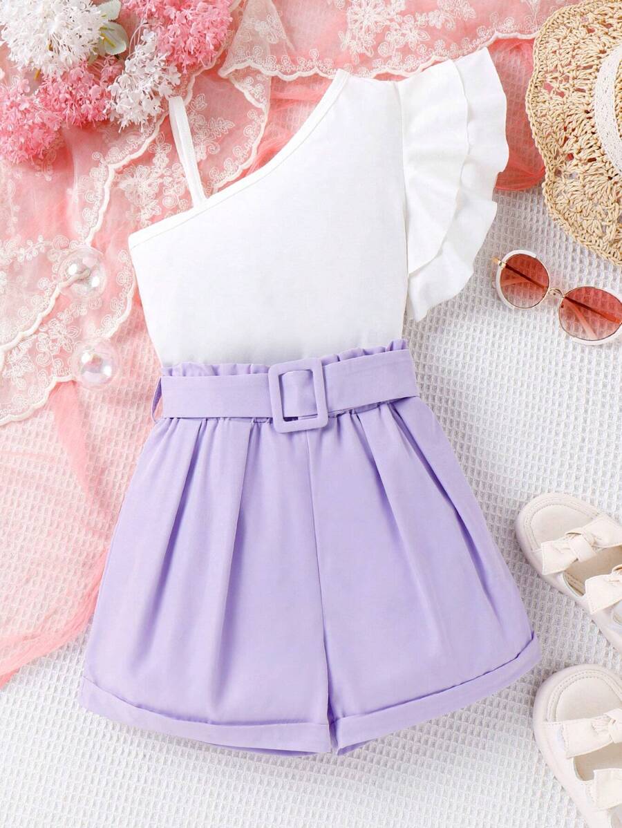 SHEIN Cô gái Tween Cổ không đối xứng Viền Ruffle Áo & Nếp gấp cao eo Quần short - Nhiều màu - Xem 1