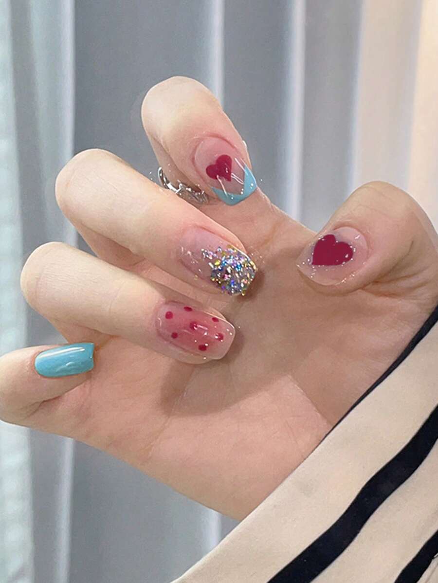 24 móng tay hình trái tim ngắn in hình trái tim giả & 1 dũa móng tay & 1 băng dính - Nhiều màu - Xem 1