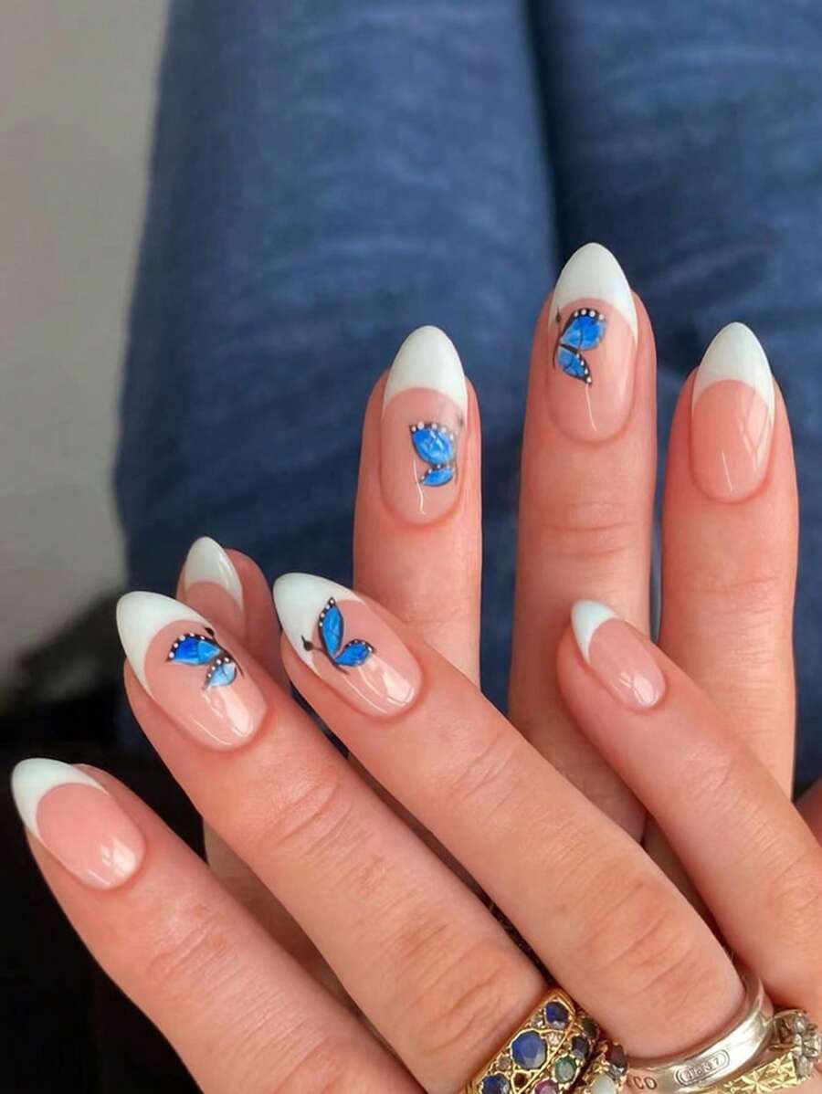 24入組法式杏仁形清新蝴蝶光澤美甲貼片+1入組果凍膠+1個美甲文件壓指甲美甲工具套裝 - 彩色 - 查看 1