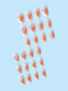 提升你風格帶24入組中等棺材法式愛心圖案水鑽裝飾腮紅假指甲和1入組指甲銼和1張膠帶 - 彩色 - 查看 3