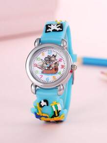 1pc Kids Pirate Ship Pattern Silicone Strap Cute Round Dial Quartz Watch For Daily Life - Baby Blue - View 1