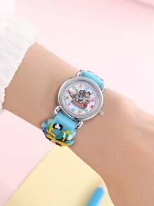 1pc Kids Pirate Ship Pattern Silicone Strap Cute Round Dial Quartz Watch For Daily Life - Baby Blue - View 4