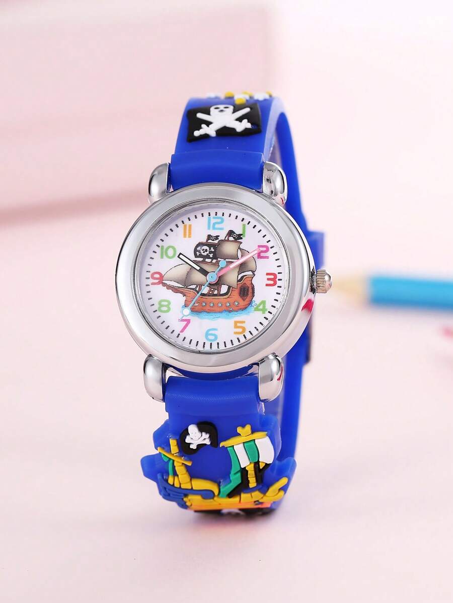 1入組兒童海盜船圖案矽膠帶可愛圓形錶盤石英表適用於日常 - 藍色 - 查看 1