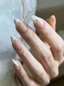 24 Stück lange mandelförmige nägel in minimalistischem französischem Stil, Vergoldete bunt bemalte Nagelspitzen + 1 Jelly-Klebeblatt + 1 Nagelfeile für Nagelversorgung Press On Nails - Verschiedenfarbig - Übersicht 1