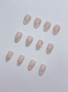 24 Stück lange mandelförmige nägel in minimalistischem französischem Stil, Vergoldete bunt bemalte Nagelspitzen + 1 Jelly-Klebeblatt + 1 Nagelfeile für Nagelversorgung Press On Nails - Verschiedenfarbig - Übersicht 3