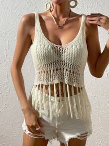 SHEIN VCAY Top de pareos con abertura bajo con fleco sin sujetador - Beis - Ver 3