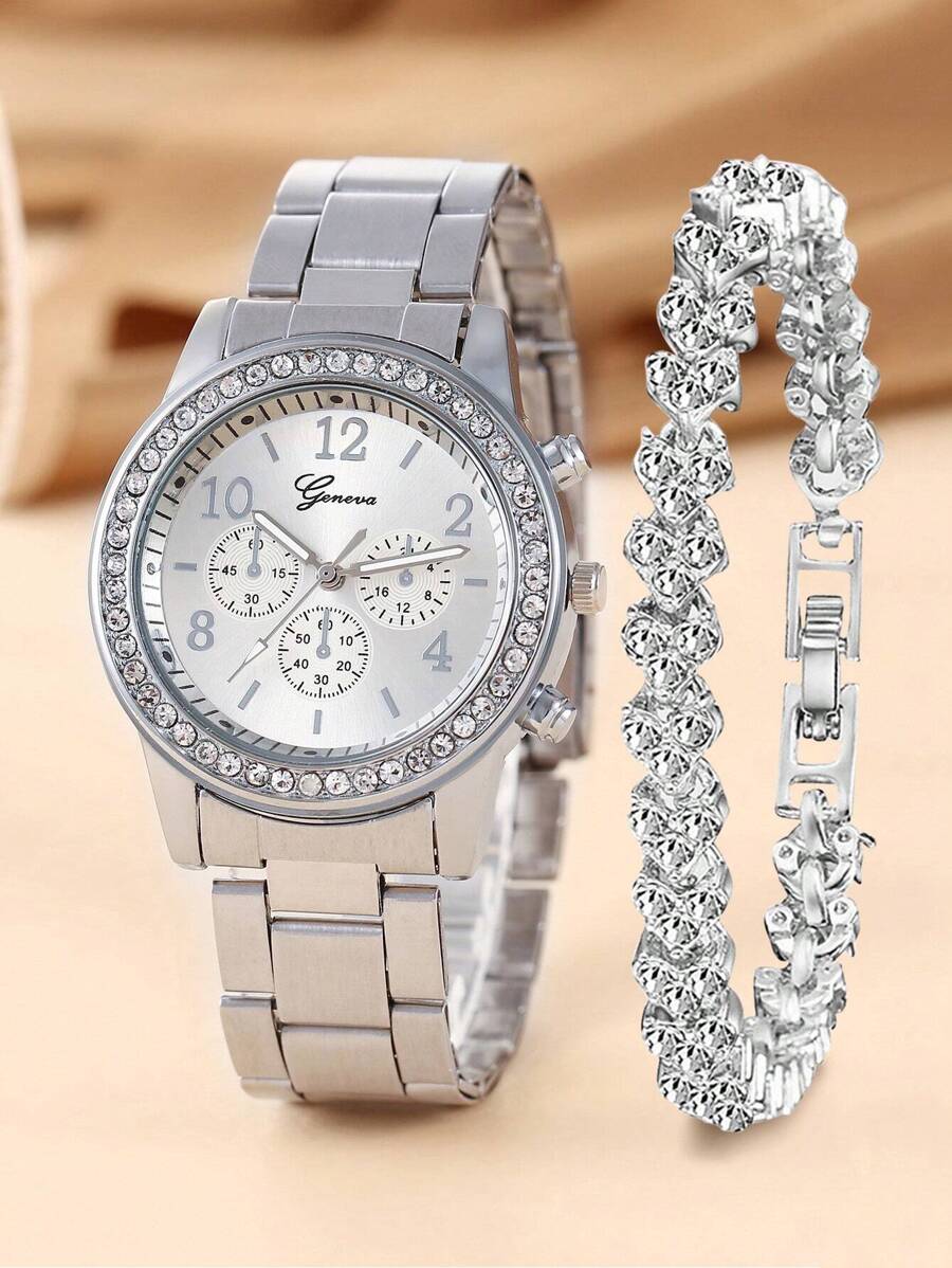 1入組女孩水鑽裝飾銀合金帶魅力四射圓形錶盤石英表和1入組手環適用於禮品